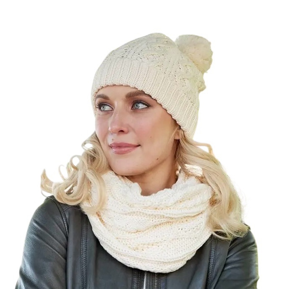 Patrick Francis Chunky Cream Aran Knit Hat & Infinity Scarf Set - Women’s OS